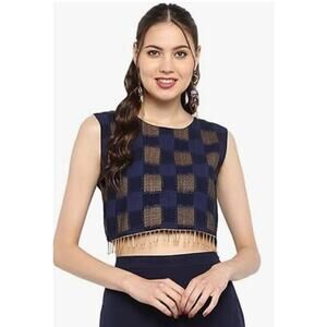 Janasya Navy Blue Crepe Crop Top Womens Size XL X-Large Fringe Boho